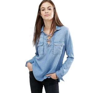 Abercrombie & Fitch Super Soft Lace Up Stylish Light Blue Lace-Up Denim Shirt XS